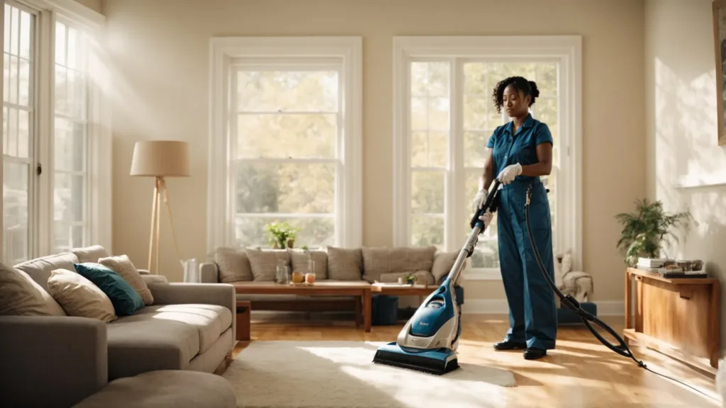 a professional house cleaner in a pristine uniform is diligently vacuuming a spacious, sunlit living room in a home in chili, ny.