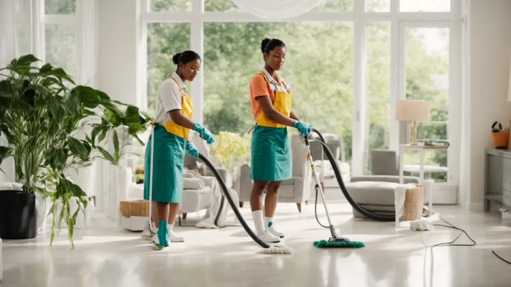 a team of professional house cleaners in uniform, working together with equipment in a bright, clean home in batavia, ny.