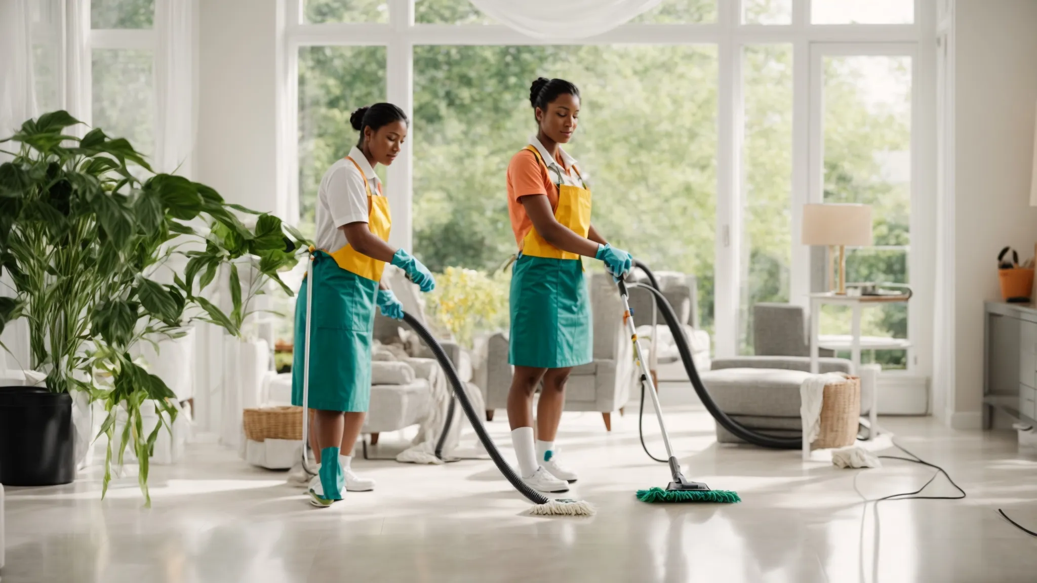 a team of professional house cleaners in uniform, working together with equipment in a bright, clean home in batavia, ny.